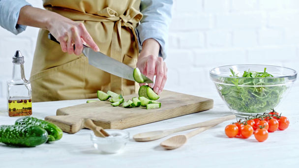 Vista ritagliata della donna che taglia il cetriolo per l'insalata di verdure vicino agli ingredienti sul tavolo
 - Filmati, video