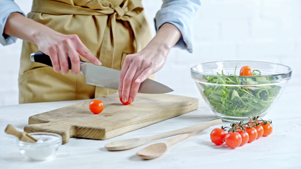 Vista cortada de mulher cortando e colocando tomates em salada de legumes perto de ingredientes na mesa
 - Filmagem, Vídeo