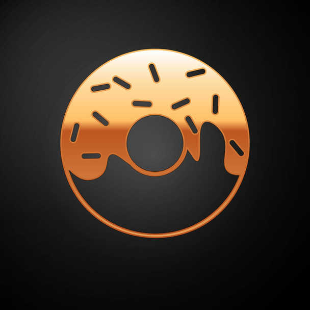 Gold Donut mit süßer Glasur Symbol isoliert auf schwarzem Hintergrund. Vektorillustration - Vektor, Bild