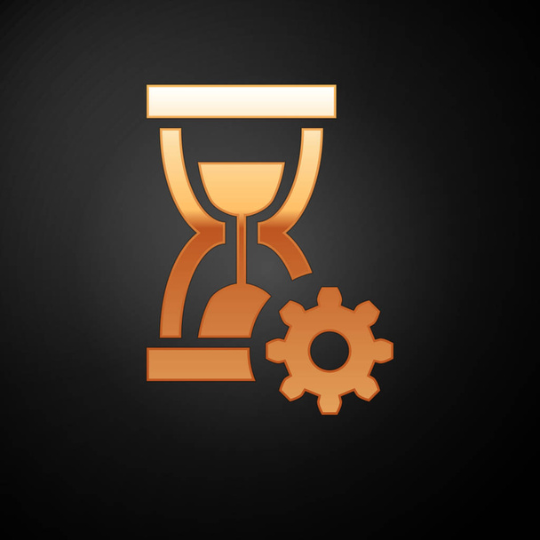 Goldsanduhr und Getriebesymbol isoliert auf schwarzem Hintergrund. Zeitmanagement-Symbol. Uhr und Getriebesymbol. Produktivitätssymbol. Vektorillustration - Vektor, Bild