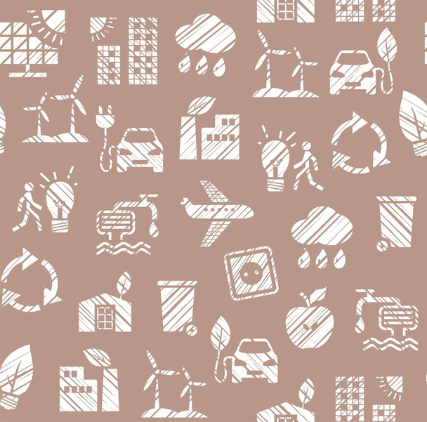 Eco-friendly technology, seamless pattern, pencil hatching, monochrome, brown, vector. Clean energy, fuel and food production. Future technology. Imitation of pencil hatching. Seamless brown background. Vector flat pattern.  - Διάνυσμα, εικόνα