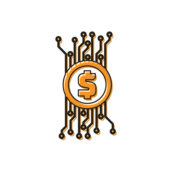 Оранжева концепція Криптовалюти Bitcoin у колі з піктограмою схеми мікросхем, ізольованою на білому фоні. Блокчейн технології, цифровий грошовий ринок. Векторна ілюстрація - Вектор, зображення