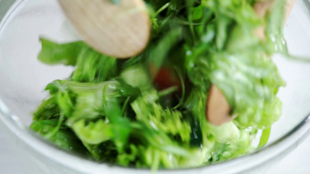 Bijgesneden beeld van vrouw mengen van groente salade met houten spatels - Video