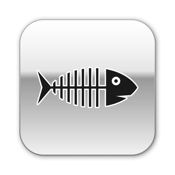 Μαύρο ψάρι σκελετό εικονίδιο απομονώνεται σε λευκό φόντο. Σημάδι από κόκαλο ψαριού. Ασημί τετράγωνο κουμπί. Απεικόνιση διανυσματικών φορέων - Διάνυσμα, εικόνα