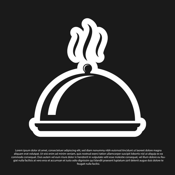 Black Covered with a tray of food icon isolated on black background. Tray and lid sign. Restaurant cloche with lid. kitchenware symbol. Vector Illustration - Vector, Image