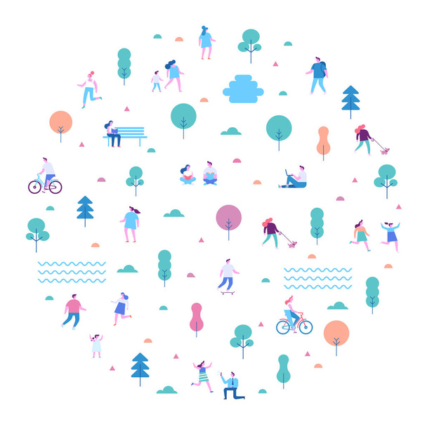 Various people at summer park. Leisure outdoor activities -walking, riding bicycle, eating street food, walking dog, playing. Background people characters. Modern Flat vector illustration. - Vector, Image