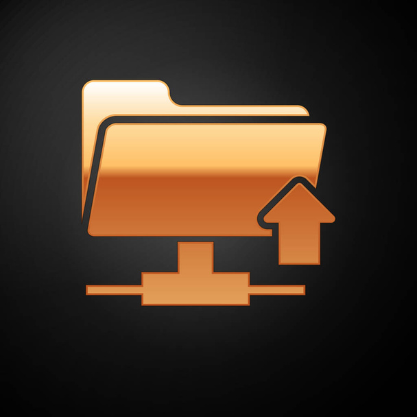 Arany FTP mappa feltöltés ikonra fekete háttér. Fogalma szoftverfrissítés, átviteli protokoll, router, csapatmunka-kezelő eszköz, másolási folyamat. Vektoros illusztráció - Vektor, kép