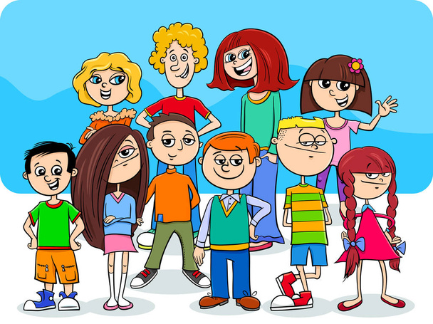 children and teens cartoon characters group - Vector, Image