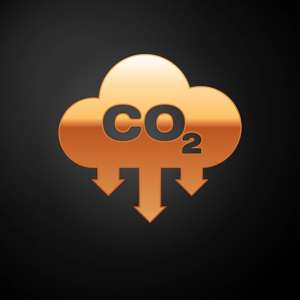 Emisiones de CO2 de oro en el icono de la nube aislado sobre fondo negro. Símbolo de fórmula de dióxido de carbono, concepto de contaminación por smog, concepto de medio ambiente. Ilustración vectorial
 - Vector, imagen