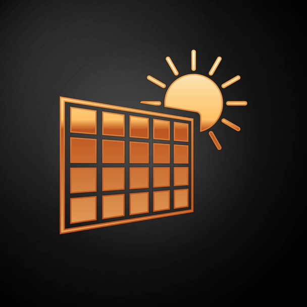 Zlatá solární panel energie a sluneční ikona izolované na černém pozadí. Vektorová ilustrace - Vektor, obrázek