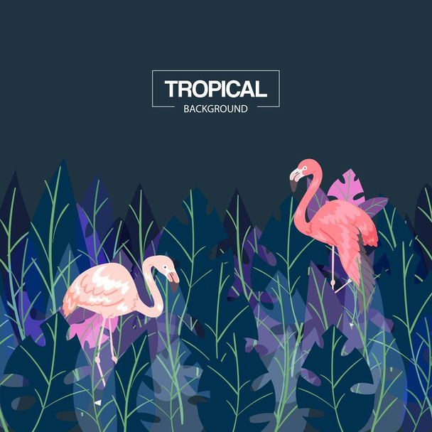 Sfondo tropicale banner vettoriale illustrazione. Fenicotteri rosa e foglie di palma tropicale in colori scuri. Hawaii esotiche con uccelli tropicali. Arredamento da spiaggia, giungla. Bellissimi animali
. - Vettoriali, immagini