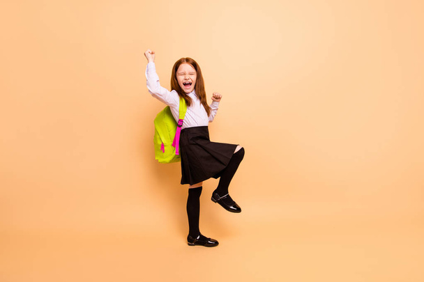 Full length body size view portrait of her she nice attractive cheerful cheery ecstatic dreamy pre-teen girl great cool accomplishment isolated over beige pastel background - Photo, image