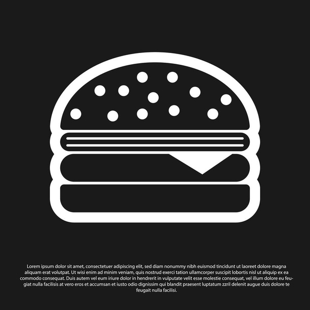 Zwarte Hamburger icoon geïsoleerd op zwarte achtergrond. Hamburger icoon. Cheeseburger sandwich teken. Vector illustratie - Vector, afbeelding