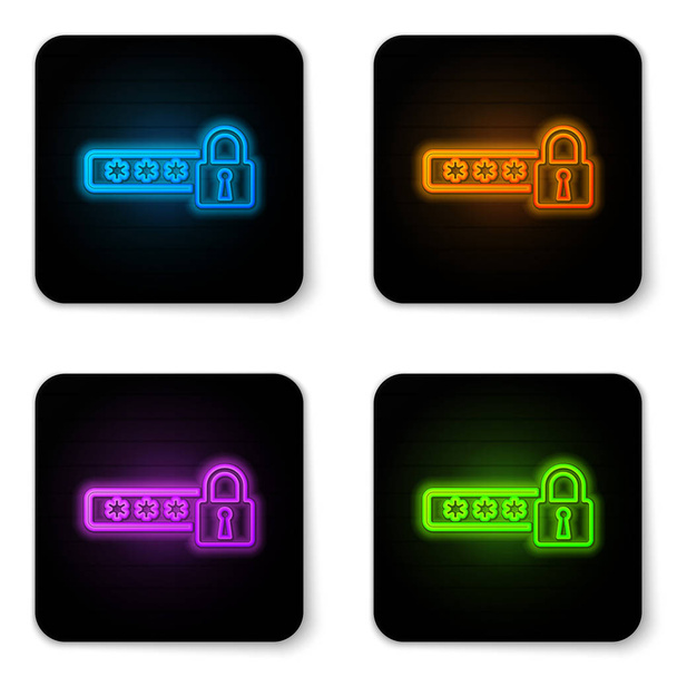 Glowing neon Password protection and safety access icon isolated on white background. Lock icon. Security, safety, protection, privacy concept. Black square button. Vector Illustration - Vector, Image