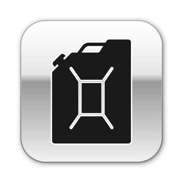白い背景に隔離されたガソリンアイコン用のブラックキャニスター。ディーゼルガスアイコン。シルバーの正方形のボタン。ベクトルイラストレーション - ベクター画像