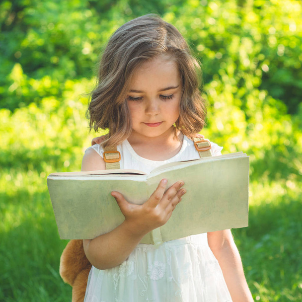 Şirin, çalışkan bir çocuk elinde bir kitap ve açık havada bir çantayla ayakta duruyor. Kitabı okuyan küçük kız. - Fotoğraf, Görsel