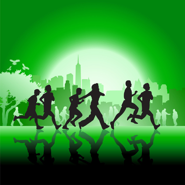 Silhouetted runners in front of city - Vetor, Imagem