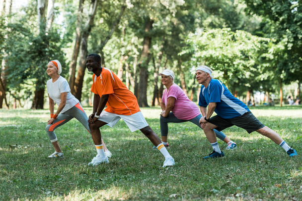 cheerful milticultural retired men and women stretching on grass in park  - 写真・画像
