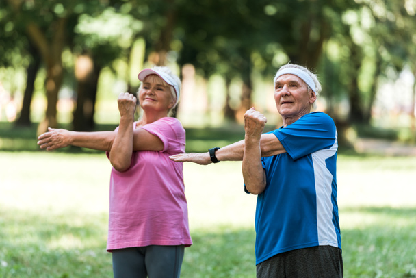 parkta dururken egzersiz yapan mutlu emekli çift  - Fotoğraf, Görsel