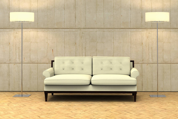 Tyhjän seinän 3D-renderöinti modernissa huoneistossa sohvalla
 - Valokuva, kuva