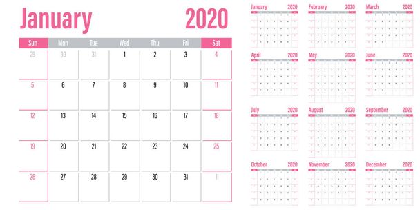 Планувальник календаря 2020 шаблон Векторні ілюстрації всі 12 місяців тижня починаються в неділю і вказують вихідні в суботу і неділю
 - Вектор, зображення