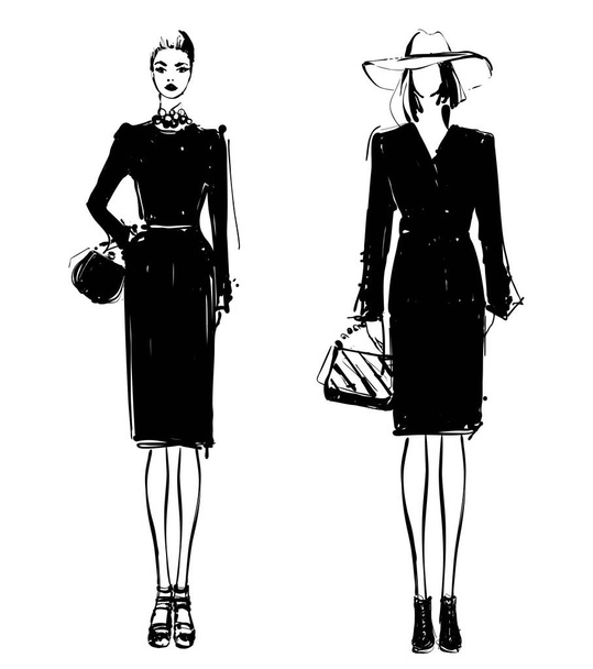 Mode modellen silhouetten schets hand getrokken, vector illustratie. Elegantie. Monochroom. Meisje in de zwarte jurk - Vector, afbeelding
