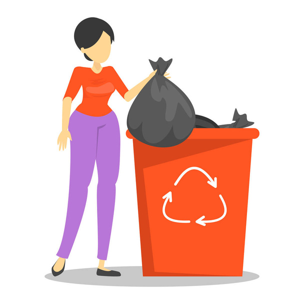 Женщина держит мусор и стоит у мусорного контейнера
 - Вектор,изображение
