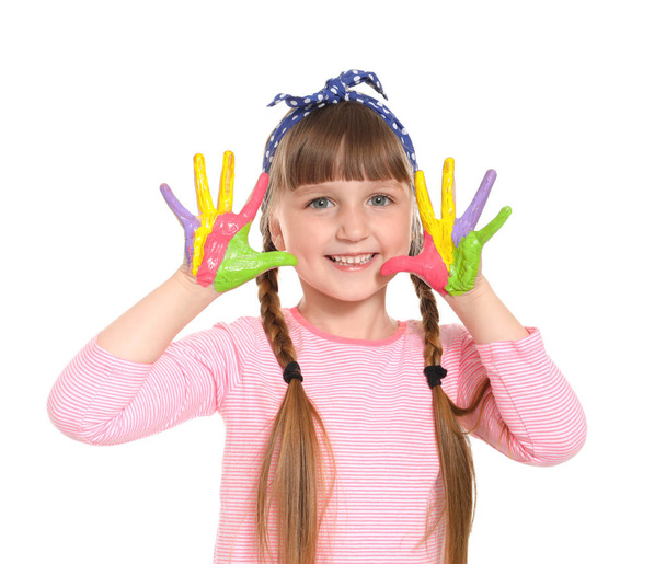 Cute little girl with hands in paint on white background - Photo, Image