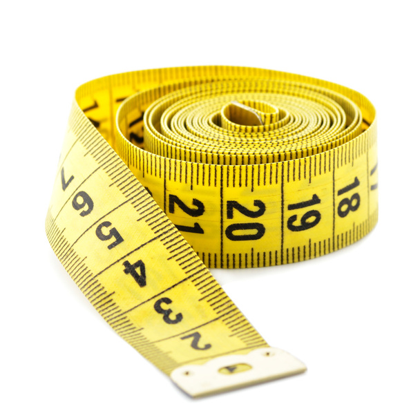 Fita métrica amarela girada
 - Foto, Imagem