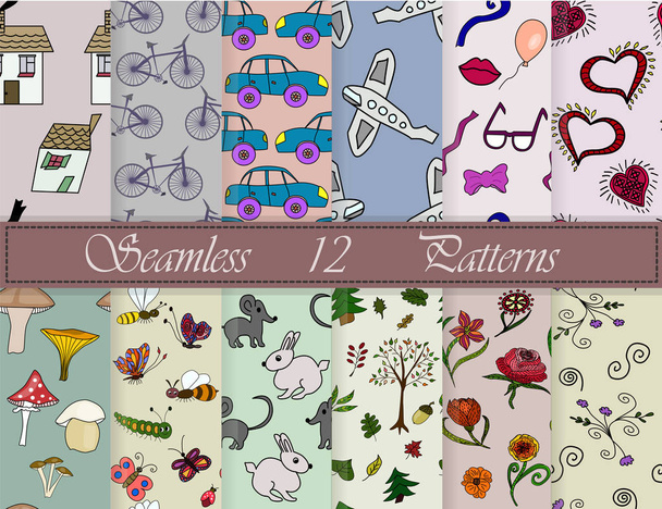 Set 12 seamless pattern, childish doodles. Use for wallpaper, pattern fills, web page background,surface textures.Vector illustration. EPS 10 - Vector, Image