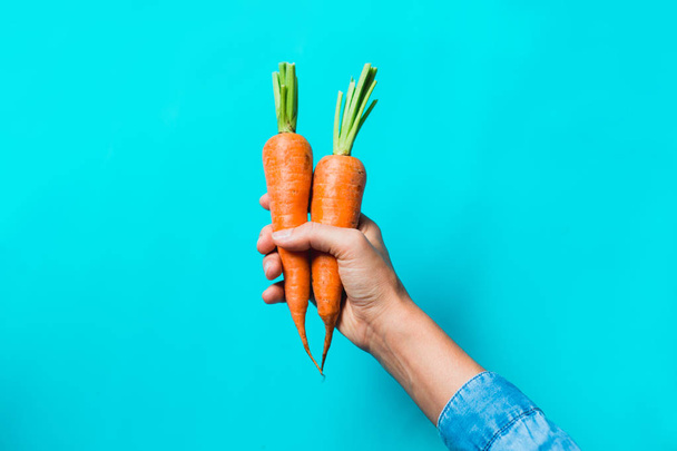 A bunch of fresh carrots in hand on blue background. - Photo, Image