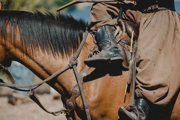 Κοζάκος με παντελόνια κάθεται στο άλογο - Φωτογραφία, εικόνα