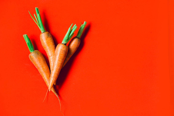 Unas zanahorias frescas sobre fondo rojo
. - Foto, imagen