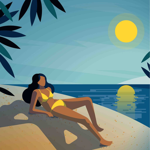 Γυναίκα με κίτρινο μαγιό ηλιοθεραπεία στην αμμώδη παραλία  - Διάνυσμα, εικόνα