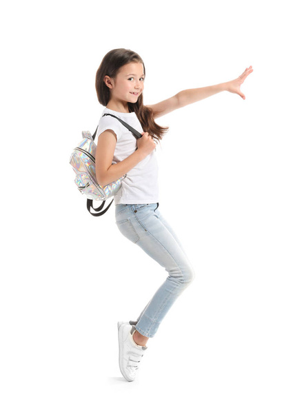 Stylish girl in jeans on white background - Foto, afbeelding