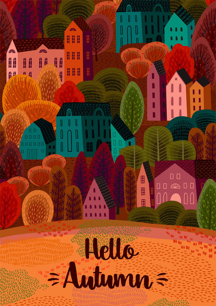 Autumn design with autumn city. Vector template for card, poster, flyer, cover and other use. - ベクター画像
