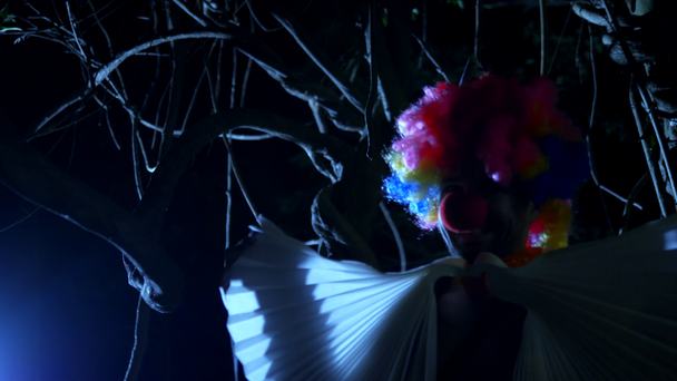 Halloween, evil clown with a bow around his neck in a terrible dark forest at night. lightning flashes - Footage, Video
