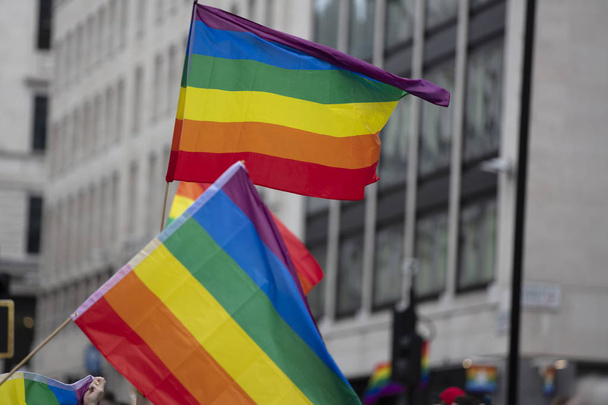 Rainbow gay pride flags at an LGBT gay pride solidarity parade - Foto, Bild