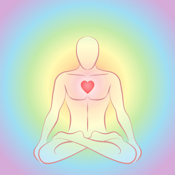 Hombre de meditación brillante corazón chakra arco iris colores
 - Vector, Imagen