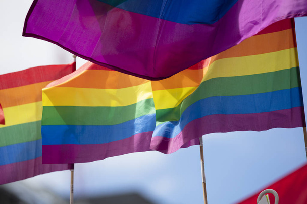 A LGBT gay pride rainbow flag being waved at a pride community celebration event - Photo, image
