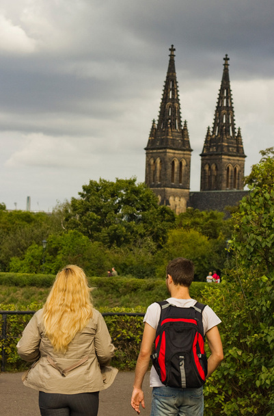 Young couple observing Prague city, Czech Republic - Photo, Image