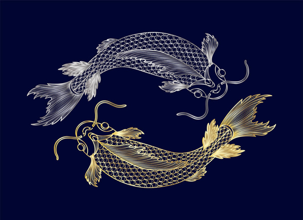 İzole edilmiş balıkların elle çizilmiş. Altın ve gümüş versiyonu. Vektör illüstrasyon. Eps 10 - Vektör, Görsel
