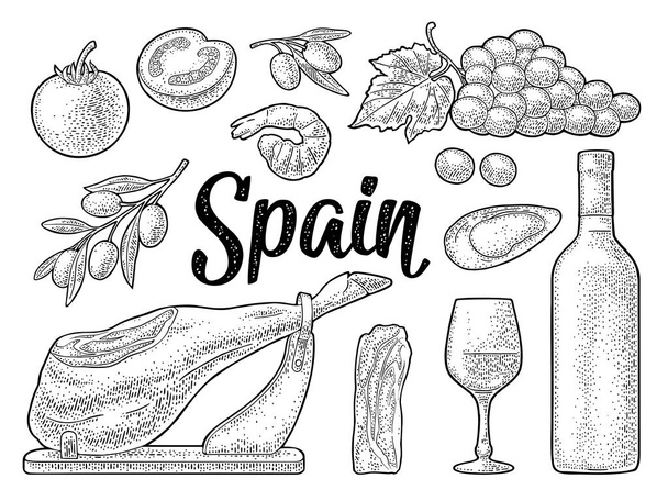 Испанский традиционный набор продуктов питания. Векторная винтажная чёрная гравировка
 - Вектор,изображение