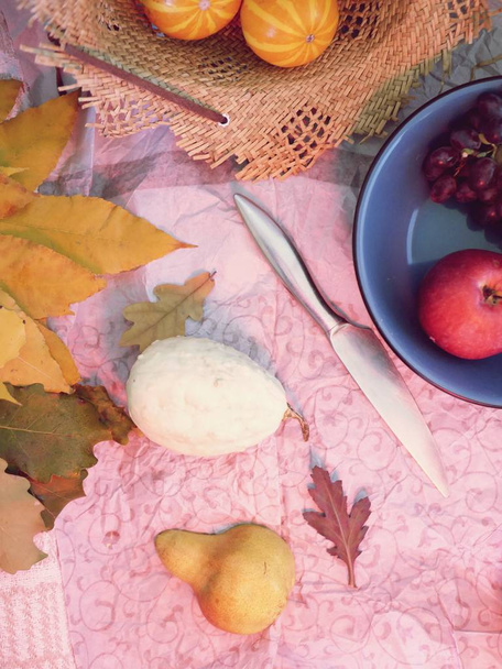 カボチャ、ブドウ、木製のテーブルの上にデザートを調理するための果物、季節の食べ物、夏、秋 - 写真・画像