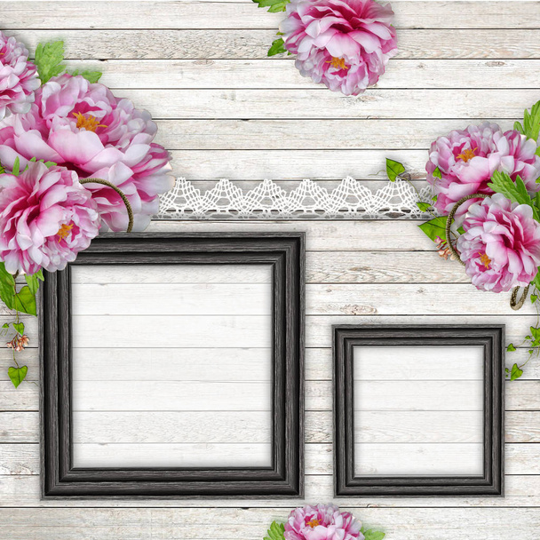 Vintage wooden background with beautiful pink peonies and lace   - Foto, Imagem