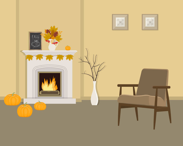 Wohnzimmer mit Kamin und Sessel. Herbstdekor im Innenraum. Der Kamin ist mit gelben Blättern, Beeren und Kürbissen dekoriert. Es gibt auch Bilder an der Wand. Vektorillustration - Vektor, Bild