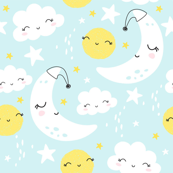 nahtloses Muster mit niedlichem Mond, Sternen und Wolken. Kinder im Hintergrund. Vektor - Vektor, Bild