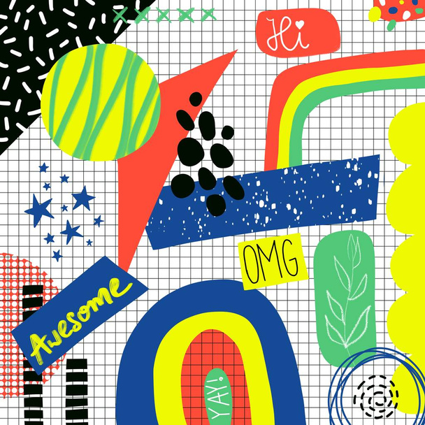 Diseño abstracto contemporáneo Volver a la escuela Doodles de cuaderno con letras Dibujado a mano OMG, Impresionante, Hola, Yay y elementos abstractos sobre fondo de papel de cuaderno a cuadros
 - Foto, Imagen