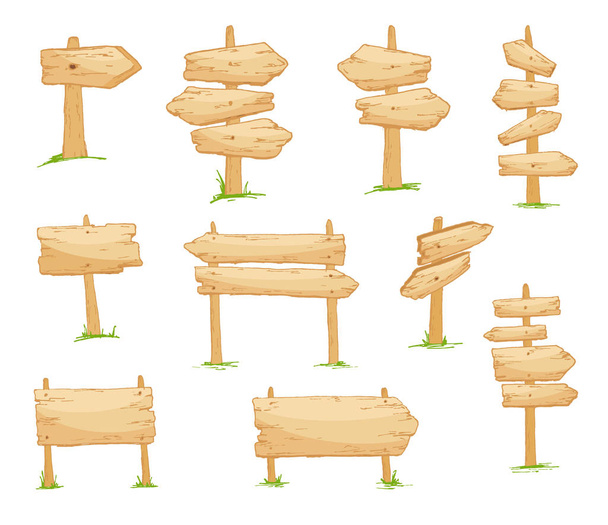 Wegweiser gesetzt. bauen Sie Ihr eigenes Design. Holzbretter in verschiedenen Formen und Größen. Illustration im Cartoonstil. - Vektor, Bild