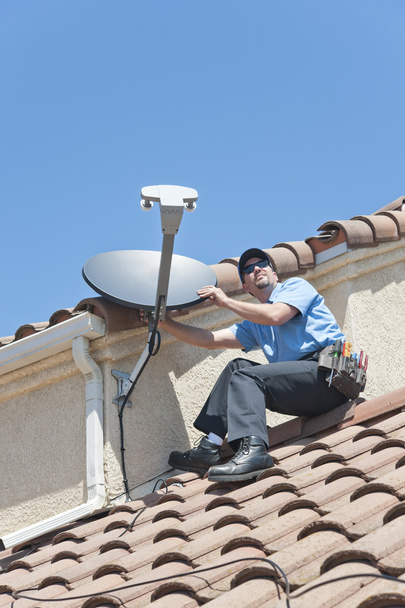 Satellite Installer on Roof - Photo, Image